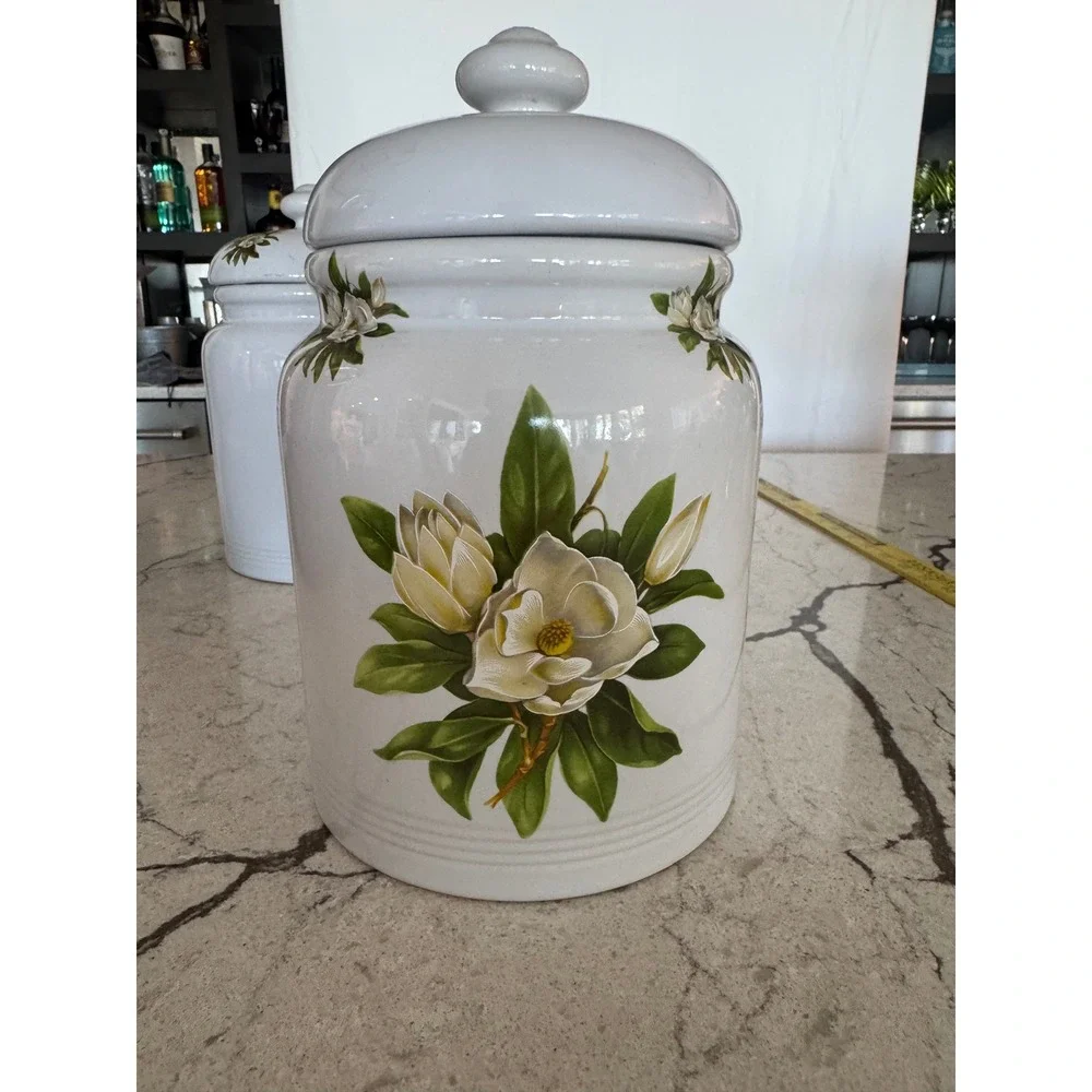 Vintage White Magnolia Ceramic Canister Set 4 Piece Floral Kitchen Storage Jars